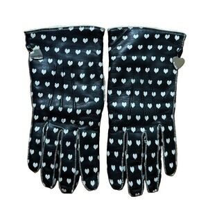 Moschino Made in Italy Black Leather Gloves Off White Hearts Logo Charms 6.5